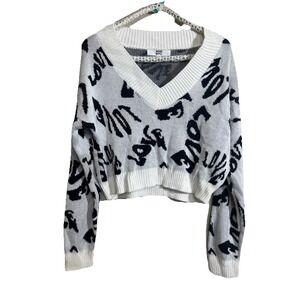 Madden NYC Womens Cropped Love Sweater Size L /‎ Large White With Black Letters